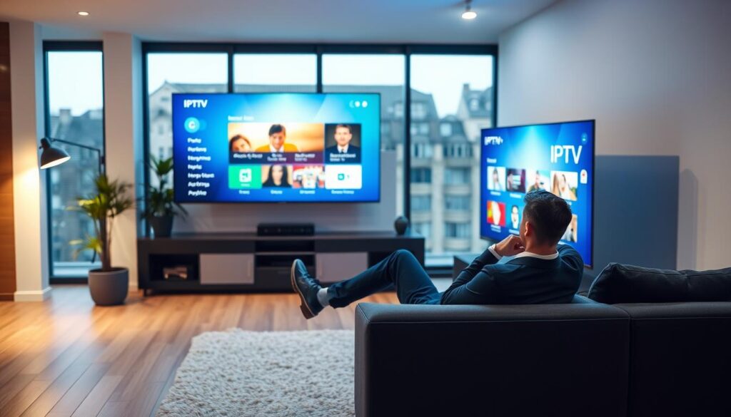 A modern, sleek living room with a large flat-screen TV displaying a vibrant IPTV interface. In the foreground, a professional-looking person in smart casual attire is sitting comfortably on a stylish sofa, thoughtfully analyzing their options for IPTV services. Soft, ambient lighting accentuates the contemporary decor, with a potted plant in the corner and a cozy rug underfoot. In the background, large windows allow natural light to flood the room, creating a warm and welcoming atmosphere. The overall mood is one of contemplation and informed decision-making, as the person engages with the IPTV content on screen, surrounded by a clean, minimalist aesthetic.