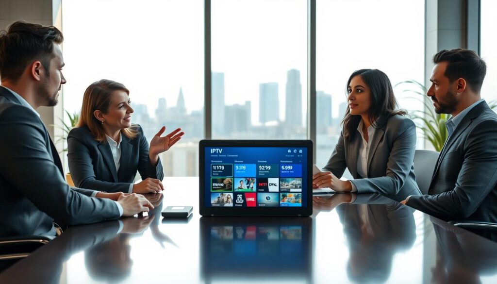A modern, sleek office environment featuring a diverse group of three professionals, two men and one woman, engaged in a discussion about IPTV subscriptions. In the foreground, they are seated around a polished conference table, with a laptop displaying IPTV options open in front of them. The woman, in smart business attire, gestures towards the screen, while one man takes notes and the other leans in, showing interest. In the middle background, a large window allows natural light to flood the room, highlighting a city skyline. Soft shadows add depth, and a warm, focused atmosphere conveys professionalism and collaboration. The overall color palette includes muted blues and grays, with touches of greenery from potted plants, suggesting a safe and informed approach to purchasing IPTV subscriptions.