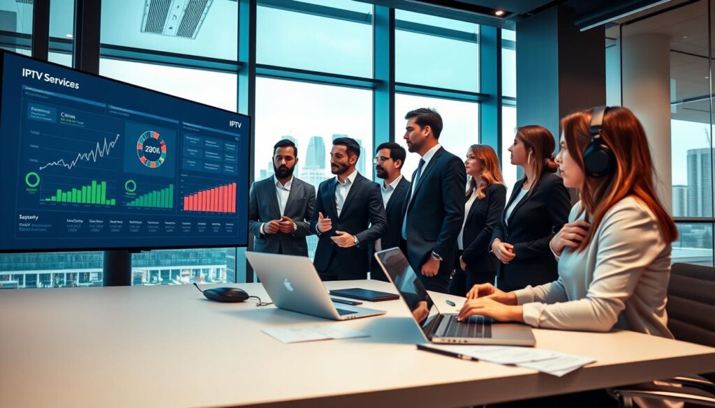 A modern, sleek office environment showcasing a telecommunications service support team engaged in a collaborative discussion. In the foreground, a diverse group of professionals in smart business attire are reviewing analytics on a large digital screen displaying IPTV service enhancements and performance metrics. In the middle, a well-organized workspace with laptops, headphones, and notes reflecting focused teamwork. The background features large windows with natural light streaming in, offering a view of a contemporary city skyline. The atmosphere is productive and innovative, emphasizing support and continuous improvement in IPTV services. Soft, diffused lighting enhances a vibrant and professional mood, captured from an eye-level angle for an immersive experience.