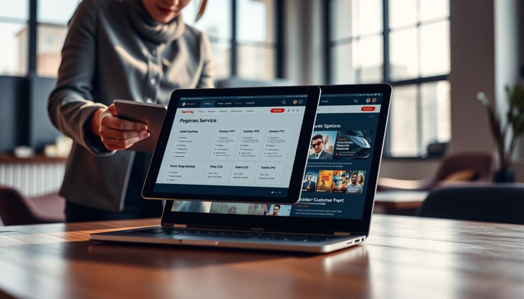 A modern, sleek workspace showcasing pricing and customer service for Zappflix IPTV. In the foreground, a professional business person in modest attire is examining a tablet displaying an overview of IPTV subscription options. In the middle, a stylish desk with a laptop open to a Zappflix webpage featuring clear visuals of pricing tiers and customer support features. The background shows a bright office environment with large windows, illuminating the space with natural light and creating a warm atmosphere. Soft shadows add depth. Use a shallow depth of field to keep the focus on the tablet and the person, while subtly blurring the background, conveying a sense of professionalism and clarity. The overall mood is informative and engaging, inviting viewers to learn more about the service.