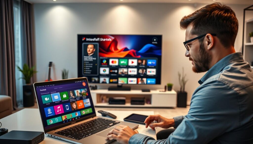A modern, sleek workspace showcasing the installation and configuration process of IPTV Smarters Pro. In the foreground, a professional individual dressed in business casual attire is focused on a laptop displaying the IPTV Smarters Pro interface, with colorful icons and a user-friendly layout. In the middle ground, a large monitor shows a vivid demonstration of channel options and streaming services, surrounded by neatly arranged tech gadgets, such as a remote control and a tablet. The background features a stylish home office, adorned with tech-themed decor and soft ambient lighting that creates an inviting atmosphere. The overall mood is innovative and optimistic, emphasizing a seamless technology setup experience for users in the Netherlands.