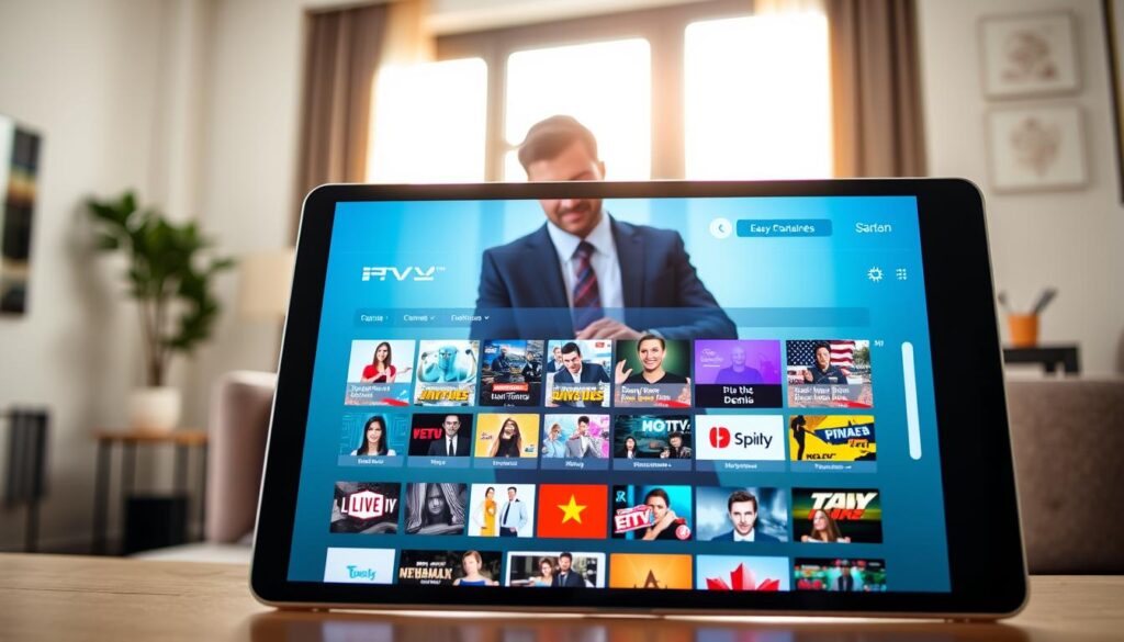 A modern, user-friendly interface of the IPTV Smarters Pro application displayed on a sleek tablet. In the foreground, the tablet screen showcases a vibrant, easy-to-navigate menu filled with colorful thumbnail images of various TV channels and shows. The middle layer features a person, dressed in professional business attire, interacting with the application, their expression reflecting focused engagement. The background includes a softly lit living room setting with a stylish couch and a side table, enhancing a cozy viewing atmosphere. Natural sunlight streams through a large window, creating a warm, inviting glow, while the overall mood conveys convenience and effortless entertainment in a contemporary lifestyle. The scene is captured at a slight angle to emphasize the tablet's screen and the user’s interaction.