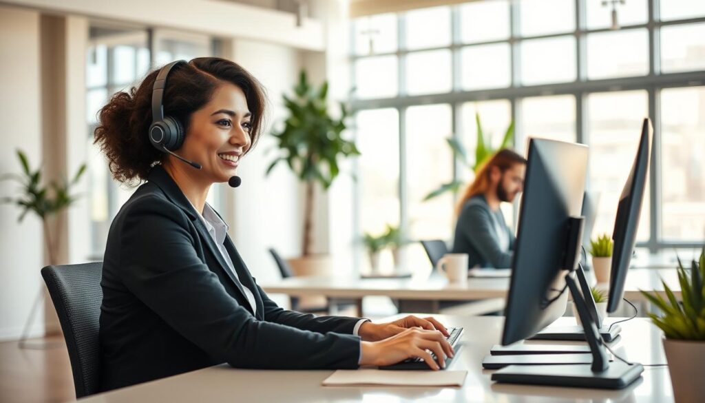 A modern, well-lit customer support office scene. In the foreground, a friendly, professional customer service representative, wearing business attire, sits at a sleek desk with a headset, focused on assisting a customer via computer. In the middle ground, a coworker collaborates at another desk, both engaged in helping clients, showcasing teamwork. The background features a bright, open office with large windows allowing natural light to stream in, potted plants adding a touch of greenery. The atmosphere is warm and welcoming, reflecting a commitment to expertise and support in customer service. Soft, diffused lighting enhances the professional vibe, creating an inviting and supportive environment.
