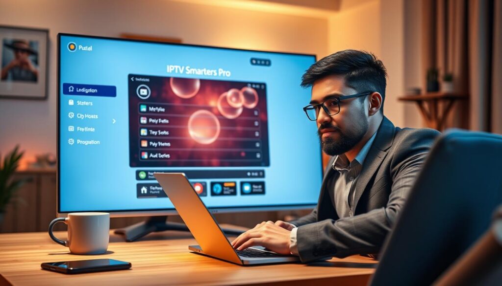 A modern workspace featuring a high-resolution screen displaying the IPTV Smarters Pro interface, showcasing user-friendly navigation. In the foreground, a person, depicted in smart casual attire, confidently configuring the application on a sleek laptop, with a focused expression. The middle layer includes decorative elements such as a coffee mug and a smartphone nearby, hinting at multitasking. The background presents a softly lit room with ambient lighting, enhancing a cozy yet professional atmosphere. The scene reflects a sense of productivity and comfort, with warm color tones and soft shadows providing depth, ensuring a clear view of the smart device screen. The image captures the concept of installation and configuration of IPTV Smarters Pro effectively, without the presence of any text or watermarks.