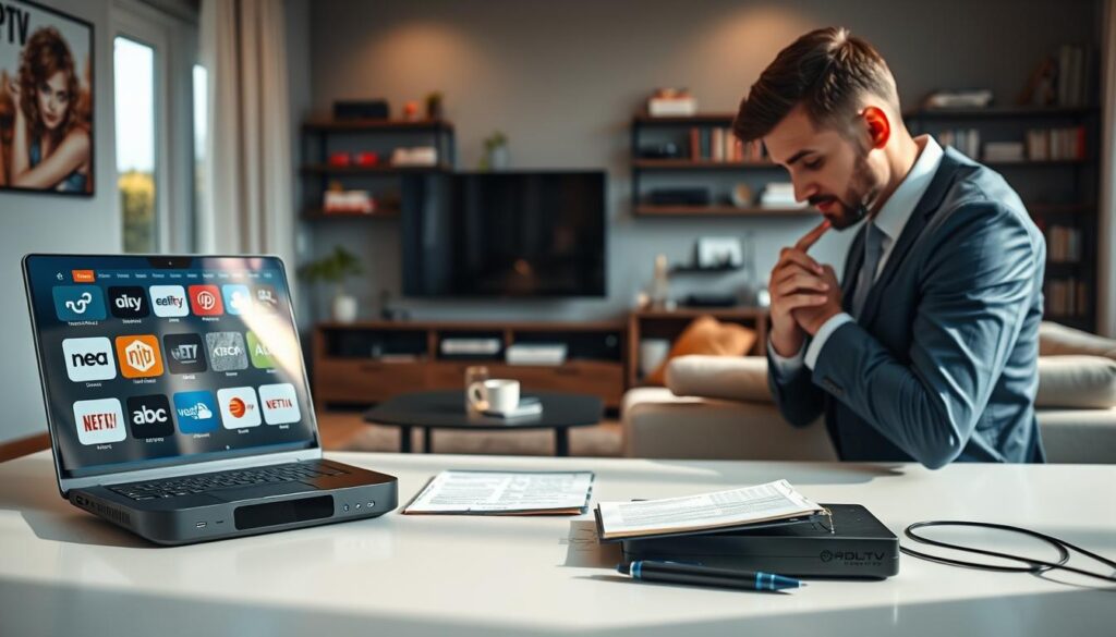 A modern workspace featuring an adult IPTV streaming device on a sleek table next to a laptop displaying various streaming platforms. In the foreground, a person in professional business attire is thoughtfully examining notes about IPTV services, with a notepad and pen nearby. The middle ground shows a cozy living room with a soft sofa, a large flat-screen TV mounted on the wall, and ambient lighting creating a warm atmosphere. In the background, a shelf filled with tech gadgets and books about media consumption is slightly out of focus. The overall mood is informative and engaging, with natural light pouring in from a window, casting soft shadows, inviting the viewer to reflect on the topic of adult IPTV services in a calm and professional setting.