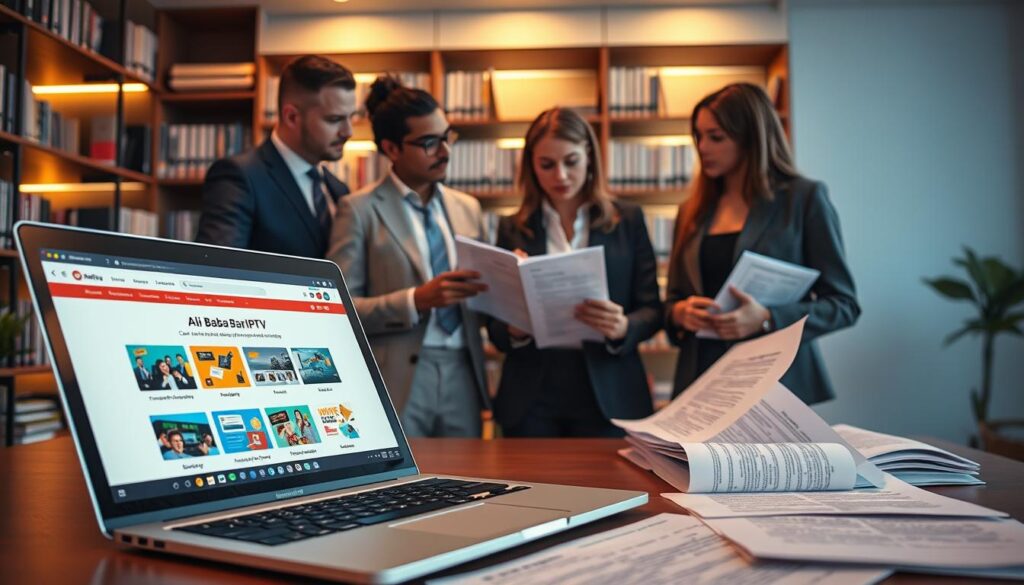 A professional and informative scene depicting the legality of Ali Baba IPTV and IPTV products on AliExpress. In the foreground, a sleek laptop showcases an open webpage displaying IPTV services, surrounded by legal documents like contracts and compliance guidelines. In the middle ground, a diverse group of business professionals in smart attire engage in discussion, analyzing the documents thoughtfully. The background features a modern office setting with shelves of books on media law and technology, illuminated by soft, warm lighting to create a focused and serious atmosphere. The angle is slightly tilted from above, emphasizing the collaborative evaluation of IPTV legalities.