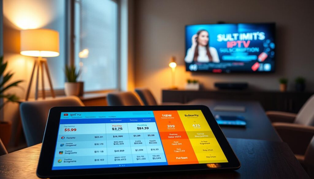 A professional and informative scene showcasing various IPTV subscription options and pricing models for adult services in a stylish office environment. In the foreground, a sleek digital tablet displays a colorful interface with subscription tiers and price tags, surrounded by charts and infographics. The middle ground features a tidy desk with a laptop and a modern lamp, creating a business atmosphere. Soft ambient lighting casts a warm glow, enhancing the inviting feel. In the background, a mounted screen plays an engaging promotional video about IPTV services, ensuring a focus on the theme without any explicit imagery. The overall mood is professional, emphasizing clarity and accessibility in the world of IPTV subscriptions.