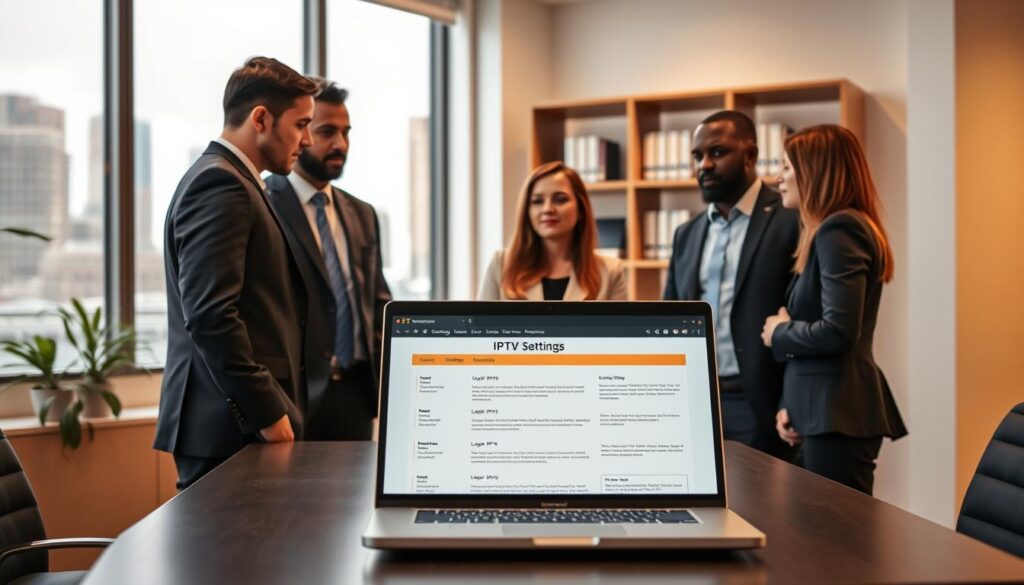 A professional and modern office setting featuring a sleek desk with a laptop displaying IPTV settings and compliance documents. In the foreground, a diverse group of three professionals—one male and two female—are engaged in a discussion about IPTV safety and regulations. They are dressed in smart business attire. The middle background shows a large window with cityscape views, and shelves filled with books on legal and technical aspects of IPTV. Soft, warm lighting creates a focused yet inviting atmosphere, emphasizing collaboration. The angle is slightly elevated, capturing the group’s engagement while showcasing the workspace's modern design. The overall mood is serious and informative, reflecting the importance of safety and legal considerations in IPTV use.