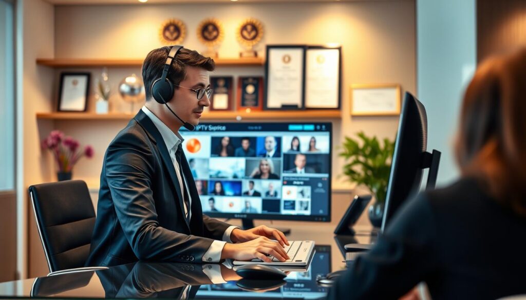 A professional customer service representative at a sleek, modern office desk, focused on assisting a client via phone and computer, reflecting a sense of expertise and approachability. The foreground features the representative, dressed in professional business attire, interacting with a high-resolution monitor displaying IPTV service interface elements in the background. The middle layer shows shelves with awards and certificates, symbolizing reliability and trust in service. The background presents a softly blurred office environment with warm lighting, creating a welcoming atmosphere. The overall mood is supportive and reassuring, emphasizing the importance of quality customer service and technical support in the realm of IPTV adult services in a professional context.