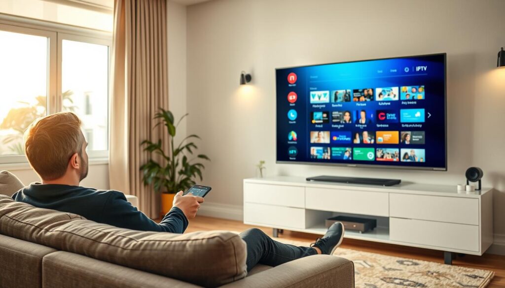 A professional, modern living room setting, featuring a crisp, large television displaying an IPTV interface with clear, vibrant images. In the foreground, a person in smart casual attire is seated comfortably on a stylish couch, intently navigating through various channels on a remote. Soft, warm lighting illuminates the room, casting a welcoming glow. The walls are adorned with subtle technology-themed decorations that enhance the atmosphere of reliability and safety associated with IPTV services. The background showcases a sleek entertainment center filled with high-tech devices, while a window reveals a bright day outside, symbolizing clarity and ease. The overall mood is harmonious, reflecting trust and comfort in modern viewing technology.