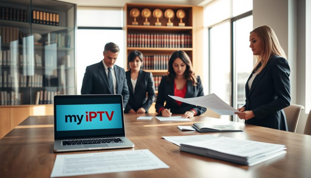 A professional office setting featuring a modern conference table with legal documents and a laptop displaying the "my IPTV" logo. In the foreground, a diverse group of individuals in formal business attire—two men and two women—engage in a discussion, examining the documents. The middle of the image shows a large window allowing natural light to flood the room, casting soft shadows. In the background, shelves filled with legal books and awards symbolize the legal aspects surrounding IPTV services. The overall mood is serious and focused, emphasizing the importance of understanding the legal framework. The scene should have a warm color palette, with the sunlight enhancing the professionalism of the environment.