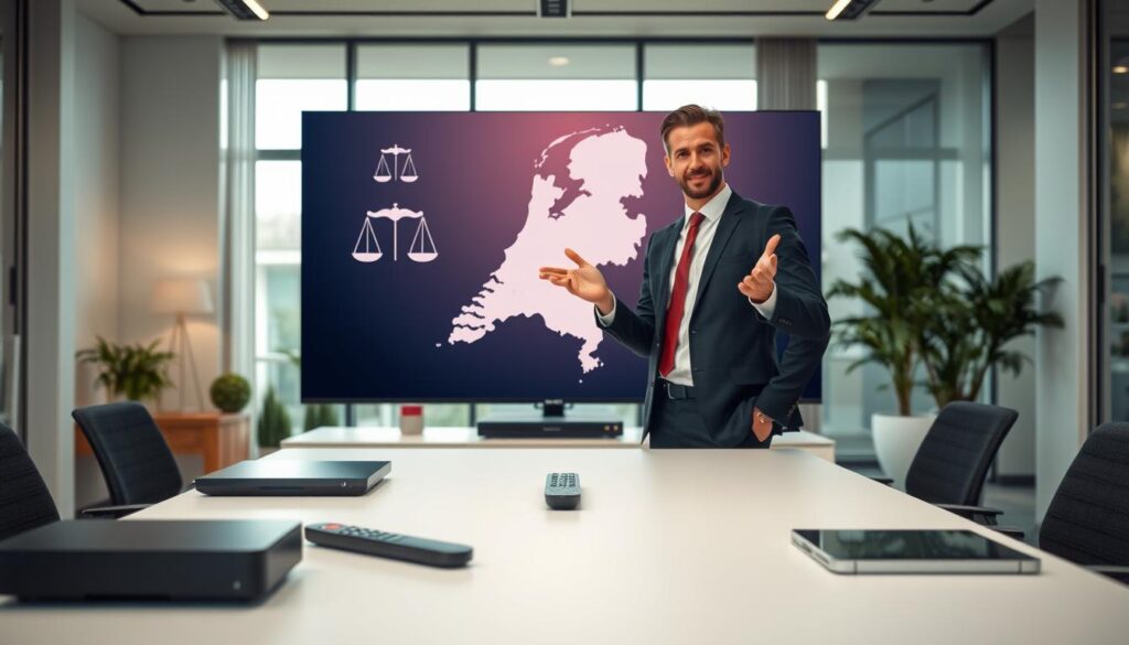 A professional office setting illustrating the concept of IPTV legality in the Netherlands. In the foreground, a neatly arranged table displays various IPTV devices, such as a streaming box and remote control. In the middle ground, a confident individual dressed in business attire gestures towards a large digital screen showing a map of the Netherlands with legal symbols like scales and a gavel interspersed. The background features modern office décor and floor-to-ceiling windows letting in natural light, creating a bright and airy atmosphere. Use soft, diffused lighting to maintain a professional tone. The overall mood should convey reliability, legality, and expertise, inviting viewers to absorb the important information about IPTV services.