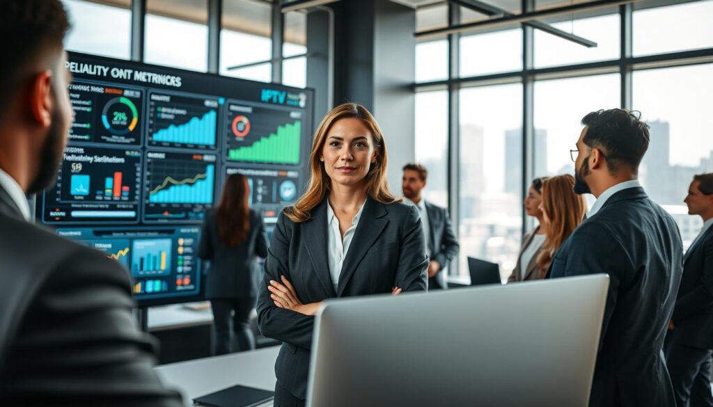 A professional office setting with a diverse group of business people analyzing IPTV provider data on multiple screens. In the foreground, a confident woman in a smart business suit is discussing reliability metrics with her colleagues, all dressed in professional attire. The middle ground features large screens displaying statistical graphs, charts, and icons representing data quality and customer satisfaction. The background includes modern office furnishings and large windows with a cityscape view, allowing natural light to flood the scene, creating a productive atmosphere. The overall mood should be one of focus and collaboration, showcasing the importance of reliability and quality in IPTV services. The lens should emulate a slight depth of field, highlighting the subjects while keeping the background softly blurred.