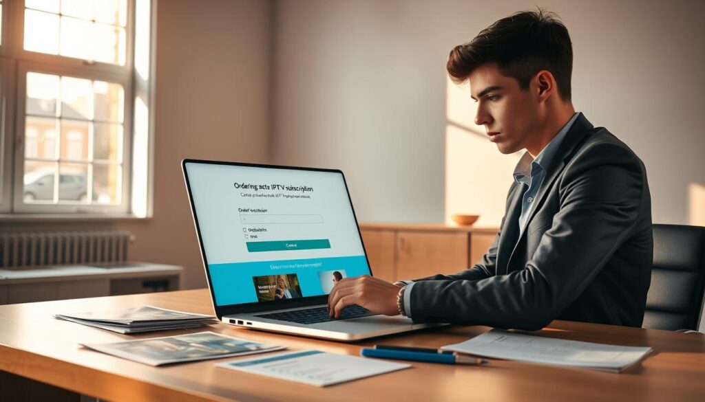 A professional office setting with a sleek desk and a laptop displaying a website for ordering and activating an IPTV subscription for Dutch television. In the foreground, a diligent young adult, dressed in business casual attire, is interacting with the laptop, focused and engaged. The middle ground features various printed materials about IPTV services, including brochures and a checklist on the side. In the background, a window allows warm, natural sunlight to stream in, illuminating the space and creating an inviting atmosphere. The overall mood is one of productivity and clarity, with soft shadows enhancing depth. The camera angle is slightly above eye level, capturing both the individual and the laptop screen effectively.