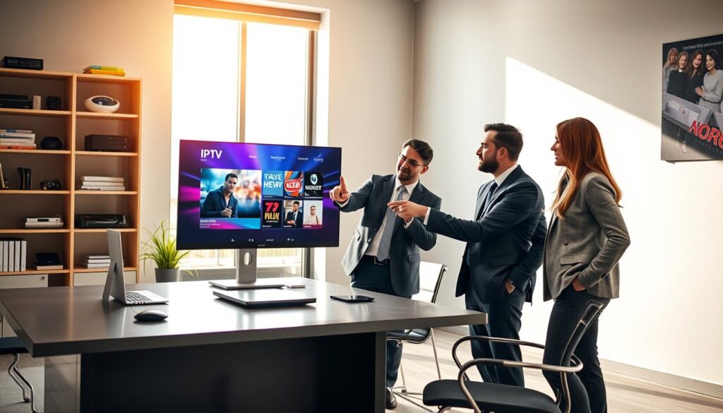 A professional office setting with a sleek modern desk featuring a computer displaying a vibrant IPTV interface. In the foreground, a diverse group of three professionals (two men and one woman) in business attire are engaged in a discussion, pointing at the screen. The middle ground showcases a large window with soft natural light streaming in, illuminating the scene and creating a warm, inviting atmosphere. The background displays shelves filled with tech gadgets and books related to streaming and customer support. The image should convey a mood of reliability and connection, showcasing themes of support and teamwork in the IPTV service industry. Use a wide-angle lens to capture the entire setting with clarity and depth.