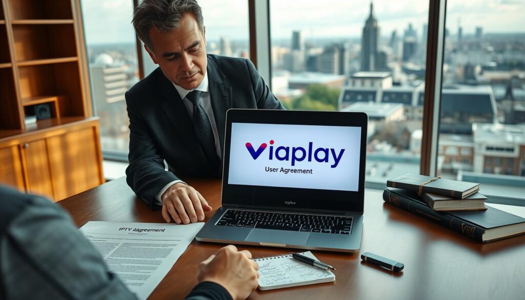 A professional setting illustrating the legal aspects of IPTV Viaplay in the Netherlands. In the foreground, a smartly dressed legal professional, a middle-aged Caucasian male, examines a document titled "IPTV Viaplay User Agreement" on a sleek wooden desk. The middle layer features a clear laptop displaying the Viaplay logo, surrounded by legal books and a notepad with handwritten notes. In the background, a panoramic view of a modern Dutch city skyline can be seen through a large window, with soft natural lighting illuminating the scene. The mood is serious and informative, suggesting a focus on legal compliance and viewer rights, with an overall atmosphere of professionalism and clarity.