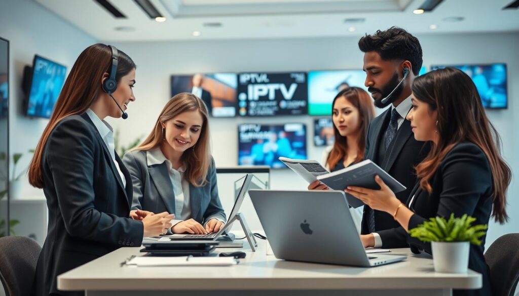 A professional setting showcasing customer service and support for IPTV providers. In the foreground, a diverse group of three customer service representatives, two women and one man, are engaged in a discussion, all dressed in smart business attire. One representative is assisting a customer via a headset, while another is reviewing a service guide on a laptop. In the middle ground, an organized office space features a stylish reception desk with IPTV branding and support materials neatly arranged. The background displays a modern digital environment with screens showcasing IPTV channels and service options. Soft, natural lighting floods the room, creating a welcoming atmosphere. The overall mood conveys professionalism, attentiveness, and readiness to assist.