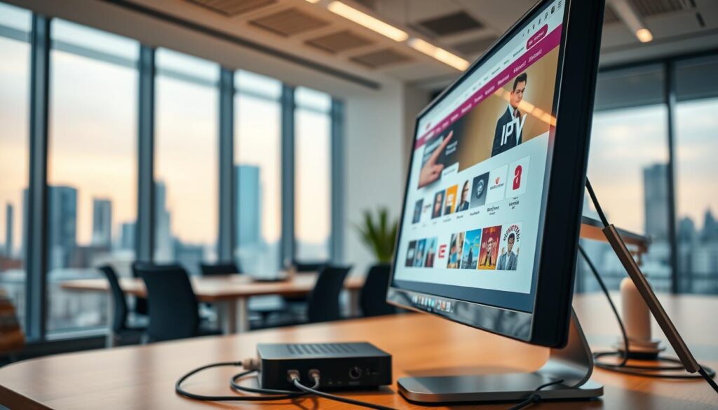 A professional, sleek office environment focused on IPTV technology. In the foreground, a modern computer screen displays the IPTV kopen website, showcasing a colorful interface with various channels and features. A close-up view includes a hand clicking on the screen, symbolizing interaction. The middle section features a stylish desk with IPTV streaming equipment, like a digital receiver and cables neatly organized. The background reveals a corporate-style office with soft, ambient lighting, large windows letting in natural light, and a city skyline visible outside. The atmosphere is one of innovation and professionalism, emphasizing the ease of accessing IPTV services in the Netherlands.