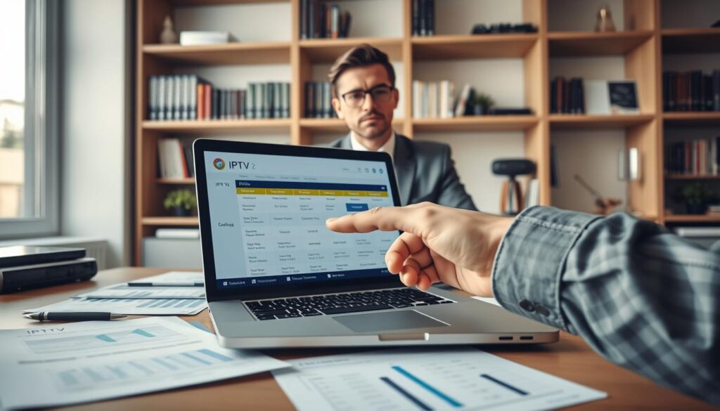 A professional, well-organized workspace featuring a laptop open to an IPTV subscription website, accented with charts and documents of IPTV options. The foreground centers on a hand pointing at one of the subscription plans on the screen, showcasing thoughtful decision-making. In the middle, a well-dressed individual is seated at the desk, dressed in professional attire, with a focused expression. The background displays shelves with books about technology and digital media, soft natural lighting filtering through a window, creating a calm atmosphere. The composition should evoke a sense of diligence and informed choice, emphasizing the careful selection process of IPTV subscriptions. The camera angle should be slightly elevated, capturing both the individual and the laptop screen, creating an engaging depth.