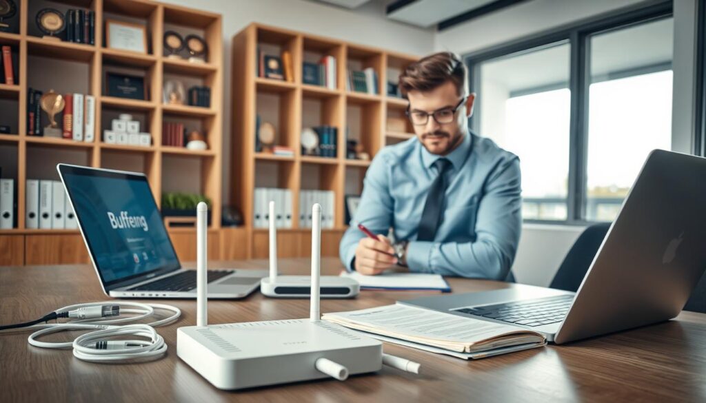 A professional workspace with a sleek desk featuring a modern laptop displaying a buffering icon. In the foreground, a thoughtful business professional dressed in smart casual attire, looking intently at the screen while taking notes on a notepad. In the middle ground, a set of tools like a Wi-Fi router, Ethernet cables, and a troubleshooting guide spread out, suggesting problem-solving. The background showcases a well-organized bookcase filled with technology-related books and awards, with a large window bringing in soft natural light, creating a calm yet focused atmosphere. The mood is one of determination and expertise, emphasizing the process of finding solutions to buffering and connectivity issues. A professional workspace with a sleek desk featuring a modern laptop displaying a buffering icon. In the foreground, a thoughtful business professional dressed in smart casual attire, looking intently at the screen while taking notes on a notepad. In the middle ground, a set of tools like a Wi-Fi router, Ethernet cables, and a troubleshooting guide spread out, suggesting problem-solving. The background showcases a well-organized bookcase filled with technology-related books and awards, with a large window bringing in soft natural light, creating a calm yet focused atmosphere. The mood is one of determination and expertise, emphasizing the process of finding solutions to buffering and connectivity issues.