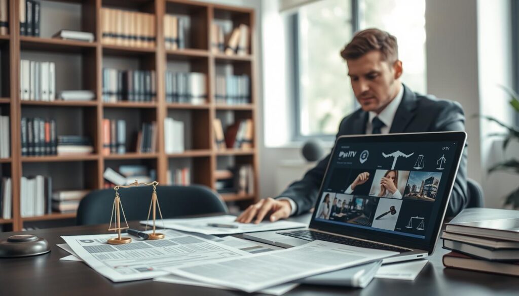 A scene depicting the legalities surrounding IPTV services, featuring a modern office setting. In the foreground, a professional-looking individual in business attire is seated at a desk, examining documents related to IPTV regulations and laws. The middle ground contains a laptop displaying images of IPTV platforms and legal symbols like scales of justice and gavel icons. In the background, bookshelves filled with legal textbooks and technology guides provide context. Soft, natural lighting streams through a window, creating a welcoming atmosphere, while a shallow depth of field emphasizes the focused individual. Capture a balanced composition that conveys the seriousness and complexity of IPTV legality, evoking a mood of professionalism and diligence.