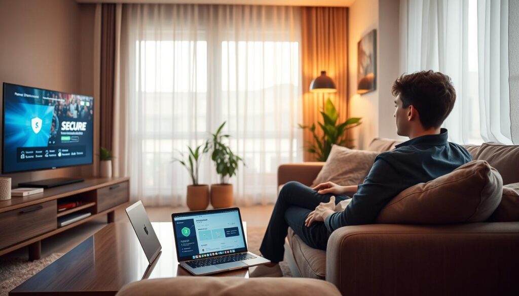 A serene living room scene highlighting a person watching IPTV on a modern smart TV. In the foreground, a young professional, dressed in smart casual attire, sits comfortably on a stylish sofa, engaged in a captivating show. Subtle details feature a secure streaming service interface displayed on the TV screen, signifying safety. The middle ground includes a coffee table with a laptop displaying a cybersecurity software dashboard, suggesting privacy awareness. In the background, soft natural light filters through sheer curtains, creating a warm and inviting atmosphere, while a few houseplants add a touch of tranquility. The overall mood conveys an impression of relaxation, safety, and mindfulness regarding online privacy practices. A serene living room scene highlighting a person watching IPTV on a modern smart TV. In the foreground, a young professional, dressed in smart casual attire, sits comfortably on a stylish sofa, engaged in a captivating show. Subtle details feature a secure streaming service interface displayed on the TV screen, signifying safety. The middle ground includes a coffee table with a laptop displaying a cybersecurity software dashboard, suggesting privacy awareness. In the background, soft natural light filters through sheer curtains, creating a warm and inviting atmosphere, while a few houseplants add a touch of tranquility. The overall mood conveys an impression of relaxation, safety, and mindfulness regarding online privacy practices.