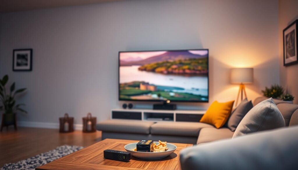 A serene living room scene showcasing a modern television displaying a crisp, high-definition image of a scenic landscape, highlighting the clear picture quality associated with "stabiele streams van my iptv." In the foreground, a stylish coffee table holds a remote and snacks, evoking a comfortable viewing atmosphere. The middle ground features a plush couch with bright pillows, while a soft, warm glow of ambient lighting bathes the room, emphasizing a cozy evening vibe. In the background, subtle décor like framed artwork and indoor plants add depth. The overall mood is relaxing and inviting, perfect for enjoying quality streaming content. The angle is slightly elevated, capturing the essence of an enjoyable home entertainment experience without any text or distractions.