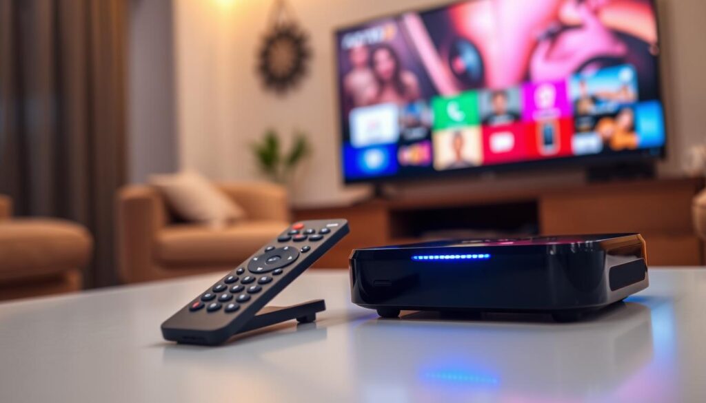 A sleek Android IPTV box prominently displayed in the foreground, showcasing its modern design with smooth, rounded edges and a glossy black finish. The box features a light indicator glowing softly in blue, suggesting it's powered on. In the middle ground, a stylish remote control with a minimalist layout is partially visible, emphasizing ease of use. The background features a cozy living room setting with a large flat-screen TV displaying vibrant colors, indicating an engaging display. Soft, warm lighting bathes the scene, creating a welcoming atmosphere. The angle is slightly elevated, focusing on the device and its surroundings, capturing the essence of a modern home entertainment setup. The overall mood conveys comfort and technological sophistication, highlighting the advantages of using an Android operating system for IPTV viewing.