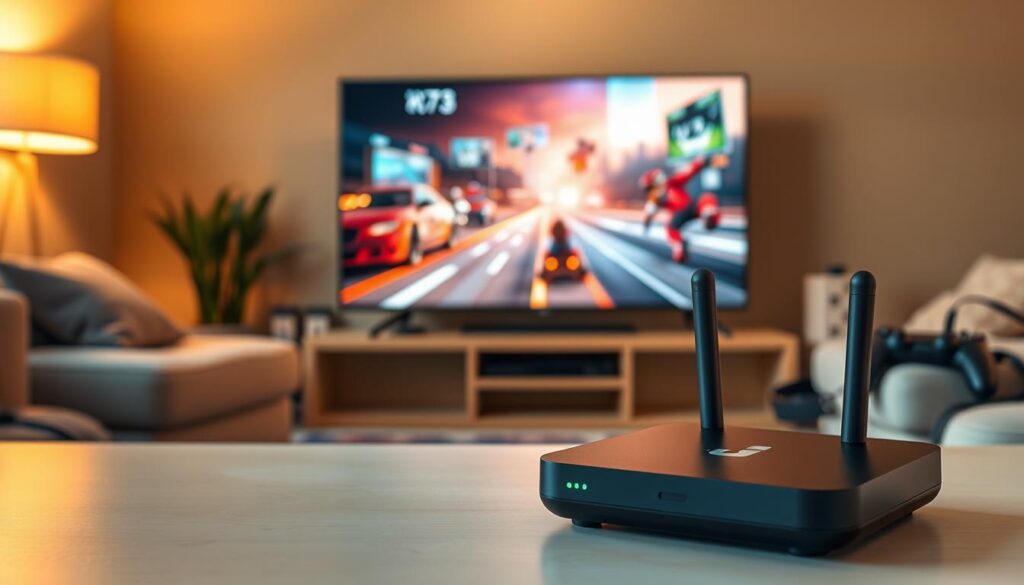 A sleek Android TV IPTV box designed for gaming, positioned prominently in the foreground. The device has a modern, minimalist aesthetic with smooth edges and an LED light indicator. In the middle ground, a high-definition television displays an exciting gaming scene, vibrant colors illuminating the room. Surrounding the TV are gaming accessories — controllers, headsets — enhancing the atmosphere of a gaming hub. In the background, a cozy living room setting with soft lighting creates a warm and inviting mood. The scene is captured from a slightly elevated angle, emphasizing both the IPTV box and the TV display. This setup conveys a fusion of entertainment and technology, showcasing the potential of using an Android TV IPTV box for gaming.