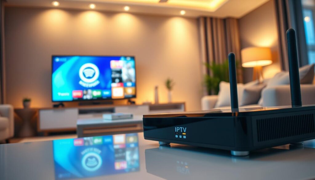 A sleek IPTV receiver positioned prominently in the foreground, showcasing its modern design with a glossy black finish and subtle LED indicators. The middle ground features a neatly arranged table with a high-definition television displaying vibrant streaming content. Surrounding the scene is a cozy living room atmosphere, highlighted by soft warm lighting that evokes a relaxed mood. Items like a remote control, a streaming service logo on the TV screen, and a comfortable couch can be subtly included. The image is shot at a slightly tilted angle from a low perspective, emphasizing the IPTV box and creating a dynamic viewpoint. This setup effectively represents the concept of an IPTV wifi box in a home setting, inviting viewers to imagine seamless entertainment at home.