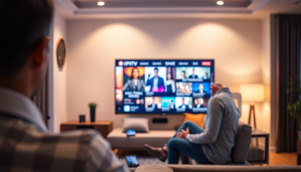 A sleek and modern digital interface showcasing IPTV Smarters Pro’s streaming performance and picture quality on a high-resolution screen. In the foreground, a close-up view of a stylish living room with a flat-screen TV displaying vibrant, detailed visuals of a popular show, the screen glimmering with rich colors and sharp details. In the middle ground, a user sits comfortably on a contemporary couch, dressed in professional casual attire, immersed in watching the content. The background features subtle décor elements that reflect a cozy yet tech-savvy environment, with soft ambient lighting creating a relaxed atmosphere. Use a warm color palette to evoke comfort and engagement, capturing the cutting-edge technology of IPTV in a home setting. Ensure a slight bokeh effect for a depth-of-field focus on the screen and user.