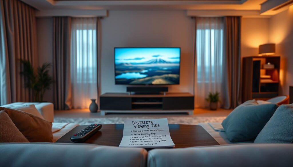 A sleek and modern home entertainment setup illustrating safe and discreet IPTV viewing tips. In the foreground, a stylish living room with a comfortable sofa and a coffee table featuring a remote control and a notepad with discrete viewing tips. The middle area shows a large, flat-screen TV displaying a serene landscape, symbolizing leisure. The background features soft lighting with warm hues, creating a cozy atmosphere, perhaps with a window displaying curtains to imply privacy. The overall mood is calm and inviting, emphasizing comfort and security in digital viewing practices, while avoiding any indication of inappropriate content. The composition utilizes a wide-angle lens to capture the entire room.