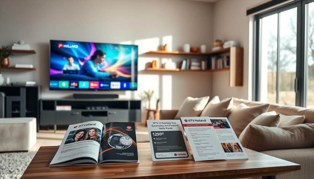 A sleek and modern living room featuring a large flat-screen TV displaying vibrant IPTV content. In the foreground, a stylish coffee table holds brochures and documents outlining IPTV Holland's subscription plans, prices, and additional benefits. In the middle, a comfortable sofa with plush cushions invites viewers to relax and enjoy the content. Bright natural light pours in through large windows, casting soft shadows and creating a welcoming atmosphere. The background showcases wall-mounted shelves filled with books and decorative items that emphasize a cozy home setting. The overall mood is inviting and informative, ideal for highlighting IPTV services. Use a professional photography lens with a warm color palette to enhance the cozy, family-oriented environment.