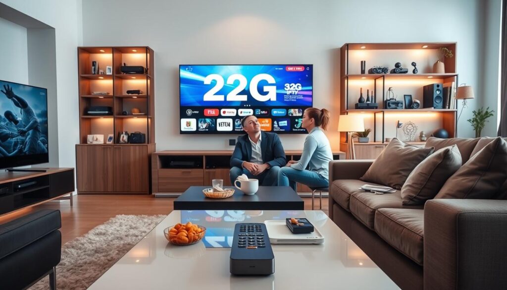 A sleek and modern living room setting featuring a large flat-screen TV displaying vibrant IPTV content related to G2G streaming services. In the foreground, a stylish coffee table holds a remote control and snacks, implying a cozy viewing experience. In the middle ground, a couple of people in casual yet professional clothing are seated on a comfortable couch, engaged in watching the screen, their expressions reflecting excitement and interest. The background shows shelves with various streaming devices and decorative items, subtly enhancing the tech-inspired ambiance. Soft, warm lighting illuminates the room, creating an inviting atmosphere, while a wide-angle perspective captures the entire scene, emphasizing the contemporary design and home entertainment theme.