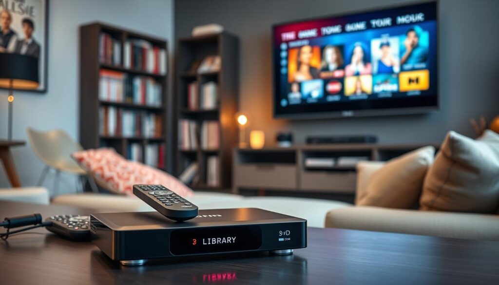 A sleek and modern living room setup featuring a stylish set-top box connected to a large flat-screen TV displaying a vibrant media library interface. In the foreground, focus on the box with glowing LED indicators, surrounded by a few streaming remote controls. The middle ground shows a cozy couch with a few colorful cushions, inviting viewers to sit down and enjoy. In the background, soft ambient lighting creates a warm atmosphere, while a bookshelf filled with DVDs and magazines hints at organized media management. The scene is well-lit, with a slight focus blur on the surroundings, adding depth to the image. Capture the essence of technology meeting home entertainment in a comfortable environment.