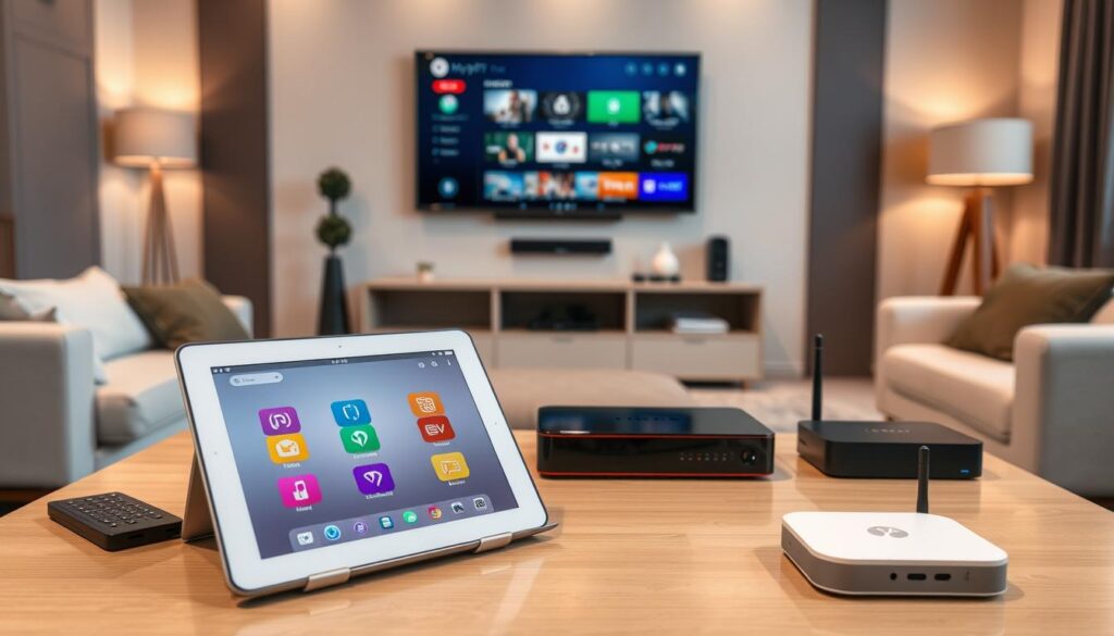 A sleek and modern living room setup featuring various supported devices for My IPTV, such as smartphones, tablets, smart TVs, and streaming boxes, arranged aesthetically on a stylish coffee table. In the foreground, display a tablet showcasing the My IPTV app interface with vibrant app icons. The middle layer includes a smart TV mounted on the wall displaying a colorful streaming menu. The background shows a cozy setting with soft ambient lighting, creating a warm atmosphere perfect for watching television. Use a wide-angle lens to capture the entire room from a slightly elevated perspective, aiming for a bright and inviting mood that emphasizes technology and comfort without any text or logos.