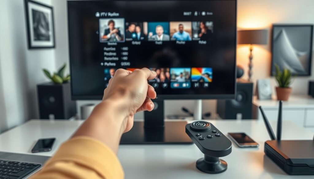 A sleek home office environment showcasing the quality testing of IPTV services. In the foreground, a modern desk with a high-quality monitor displaying IPTV streaming content. A hand is seen adjusting settings on the remote control, emphasizing a personal touch. In the middle ground, there’s an assortment of gadgets such as a laptop, a smartphone, and a router, illustrating a tech-savvy atmosphere. The background features a softly lit wall with a few decorative elements like a plant and framed art, creating a cozy mood. The lighting is warm and inviting, simulating an afternoon vibe, enhancing the intimate aspect of testing IPTV quality. The overall composition feels focused and professional, capturing the essence of meticulous testing for IPTV services.