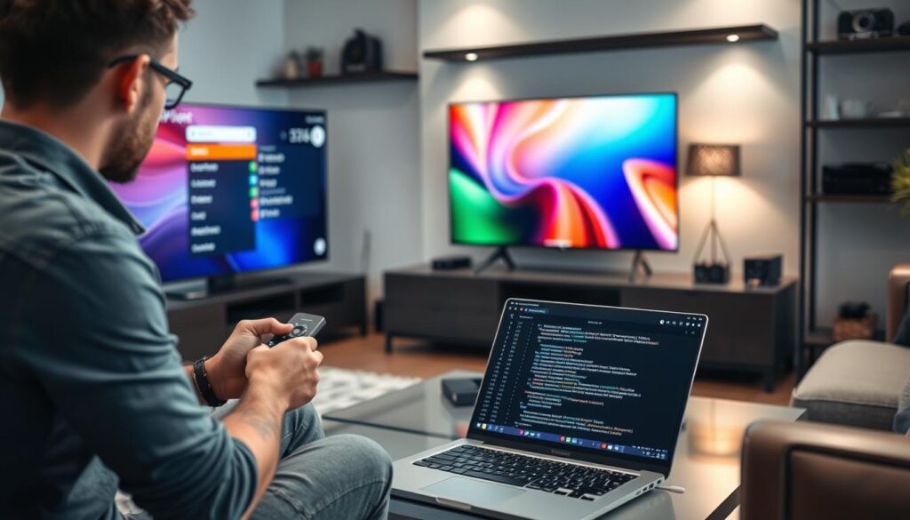 A sleek living room setting with a modern TV displaying a vibrant IPTV interface, showcasing a selected m3u8 playlist. In the foreground, a person in casual attire is attentively using a remote, clearly engaged in the process of adding the playlist. The middle ground features a stylish coffee table with a laptop open, revealing code or IPTV settings related to m3u8 playlists. Soft, ambient lighting enhances a cozy atmosphere, while a slight focus blur emphasizes the user’s interaction with the device. The background includes minimalist decor and shelves with tech gadgets, creating a contemporary feel that reflects connectivity and ease of use in a home entertainment environment.