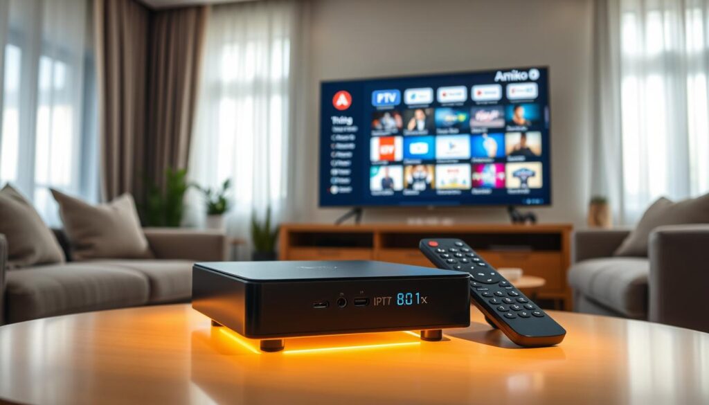 A sleek, modern Amiko IPTV box showcased on a stylish coffee table in a cozy living room setting. In the foreground, the box is illuminated by soft, warm light emphasizing its sleek design and ports. On the TV screen in the background, vibrant app icons and streaming options are displayed, showcasing the box’s user interface. Include a stylish remote control beside the box, hinting at easy navigation of features. The room features neutral colors with plush furniture, enhancing a relaxed atmosphere ideal for an optimal viewing experience. Light filters through sheer curtains, casting gentle shadows and creating an inviting ambiance, suggesting the joy of entertainment at home.
