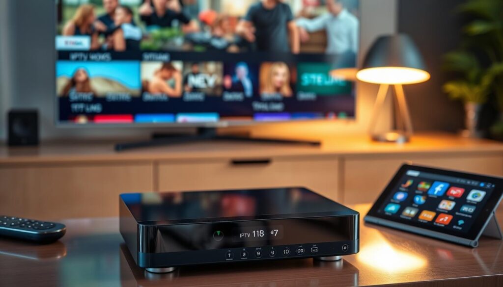 A sleek, modern IPTV player prominently displayed on a stylish media console, with a high-definition flat-screen TV in the background showcasing vibrant streaming content. The IPTV player is glossy black with intuitive buttons and a digital display, reflecting a warm ambient light from a nearby lamp. To the sides, a few tech gadgets like a remote control and a tablet that displays popular streaming apps. The scene is well-lit, emphasizing clarity and sophistication, with a slight shallow depth of field to keep the focus on the IPTV player. A cozy living room atmosphere is established, suggesting a comfortable space for home entertainment. A sleek, modern IPTV player prominently displayed on a stylish media console, with a high-definition flat-screen TV in the background showcasing vibrant streaming content. The IPTV player is glossy black with intuitive buttons and a digital display, reflecting a warm ambient light from a nearby lamp. To the sides, a few tech gadgets like a remote control and a tablet that displays popular streaming apps. The scene is well-lit, emphasizing clarity and sophistication, with a slight shallow depth of field to keep the focus on the IPTV player. A cozy living room atmosphere is established, suggesting a comfortable space for home entertainment.