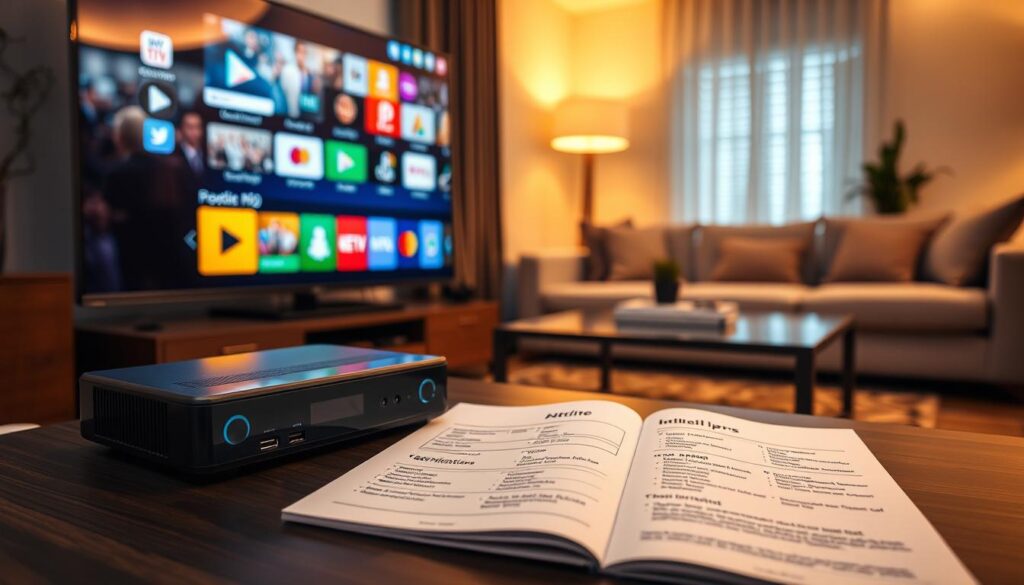 A sleek, modern IPTV setup showcasing technical specifications and quality. In the foreground, a high-definition television displays a vibrant interface with various streaming options and apps. A close-up of an IPTV receiver with visible ports and connectivity features, illuminated by soft, ambient lighting to highlight its design. In the middle, a stylish coffee table features an open user manual detailing technical specifications, emphasizing resolution, bitrate, and supported formats. The background includes a cozy living room setting with contemporary furniture, soft warm lighting creating an inviting atmosphere. The overall mood is professional and tech-savvy, reflecting quality and affordability in IPTV services. A sleek, modern IPTV setup showcasing technical specifications and quality. In the foreground, a high-definition television displays a vibrant interface with various streaming options and apps. A close-up of an IPTV receiver with visible ports and connectivity features, illuminated by soft, ambient lighting to highlight its design. In the middle, a stylish coffee table features an open user manual detailing technical specifications, emphasizing resolution, bitrate, and supported formats. The background includes a cozy living room setting with contemporary furniture, soft warm lighting creating an inviting atmosphere. The overall mood is professional and tech-savvy, reflecting quality and affordability in IPTV services.