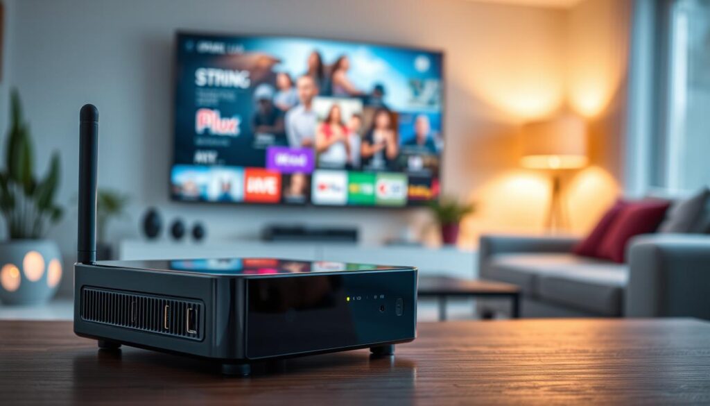 A sleek, modern android IPTV box positioned prominently in the foreground, showcasing its streamlined design and various connectivity ports like HDMI and USB. The box should have a glossy black finish with a subtle LED indicator glowing softly, enhancing the high-tech appearance. In the middle ground, a vibrant living room setting can be seen, with a large smart TV displaying colorful streaming icons, creating an inviting atmosphere. The ambiance is well-lit with warm, soft lighting to evoke a cozy, relaxed mood suitable for family entertainment. In the background, blurred silhouettes of a sofa and decorative elements like potted plants add depth. The perspective should capture the IPTV box at eye level, creating an engaging and immersive visual experience.
