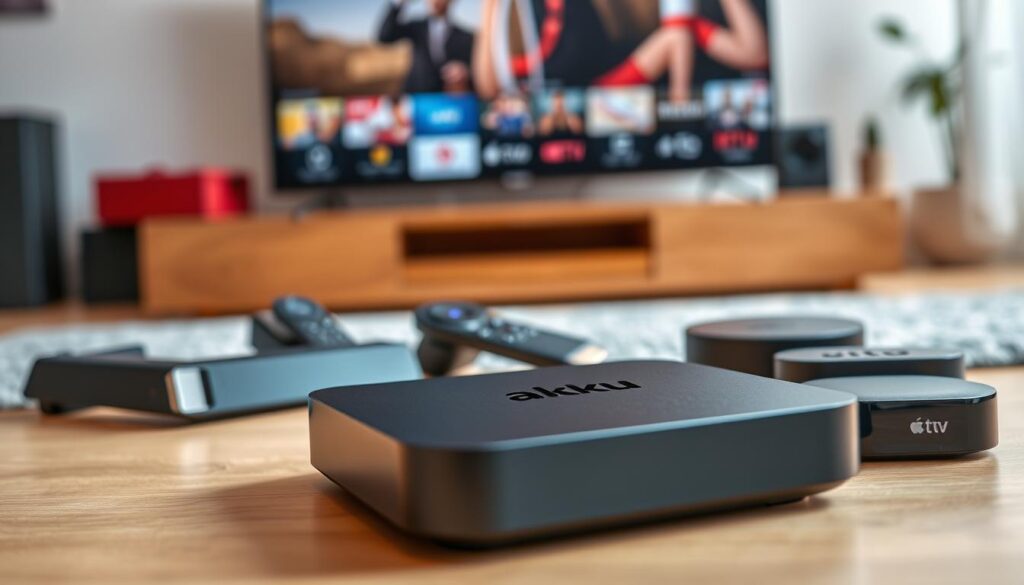 A sleek, modern arrangement of popular streaming devices, prominently featuring an Android IPTV box in the foreground, showcasing its elegant design and user interface. Surround it with a variety of well-known streaming devices including a compact Fire Stick, a stylish Roku, and a dynamic Apple TV, each displaying their unique features. The middle ground should have subtle hints of a cozy living room setup, complete with a smart TV displaying vibrant visuals. The background is softly blurred, suggesting a contemporary home environment with warm lighting, emphasizing a relaxed and inviting atmosphere. The scene is shot from a low angle to accentuate the devices, capturing the essence of modern entertainment technology in a safe and professional manner.