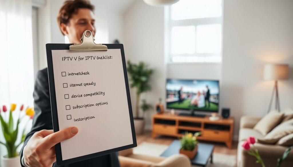 A sleek, modern checklist being held by a professional-looking individual dressed in business attire. The foreground features a clipboard with neatly organized items related to IPTV preparation for a community in the Netherlands, such as "internet speed check," "device compatibility," and "subscription options," all ticked off. In the middle ground, a well-lit living room with a cozy, inviting atmosphere, showcasing a television displaying IPTV content. Bright natural light filters through a window, creating a warm ambiance. The background includes subtle hints of Dutch decor, like tulips or a windmill silhouette. The overall mood is one of professionalism and readiness, emphasizing the importance of preparation for IPTV success.