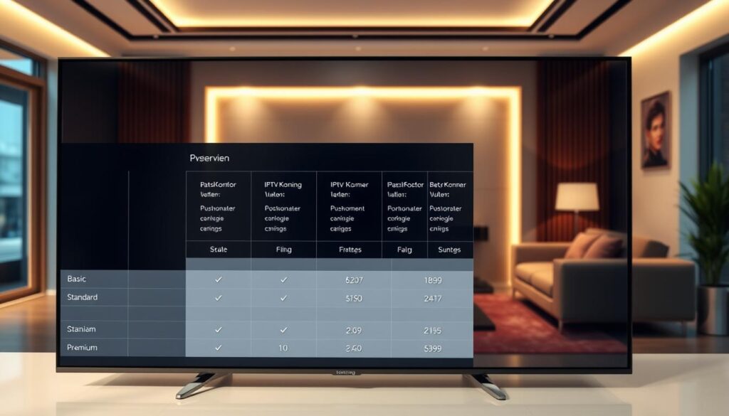 A sleek, modern digital display featuring a detailed overview of IPTV subscription plans and pricing for "IPTV Koning." In the foreground, visualize a clear and organized table with distinct rows and columns showcasing various subscription options, such as "Basic," "Standard," and "Premium," along with their respective prices. The middle of the image presents an elegant backdrop of a contemporary living room setting, with a stylish television and comfortable seating, signifying a cozy entertainment environment. Soft, warm lighting enhances the atmosphere, making it inviting and appealing. The angle of the image is slightly elevated, capturing both the display and the room's ambiance, evoking a sense of modernity and convenience in home entertainment for Dutch viewers. No text or watermarks are present.