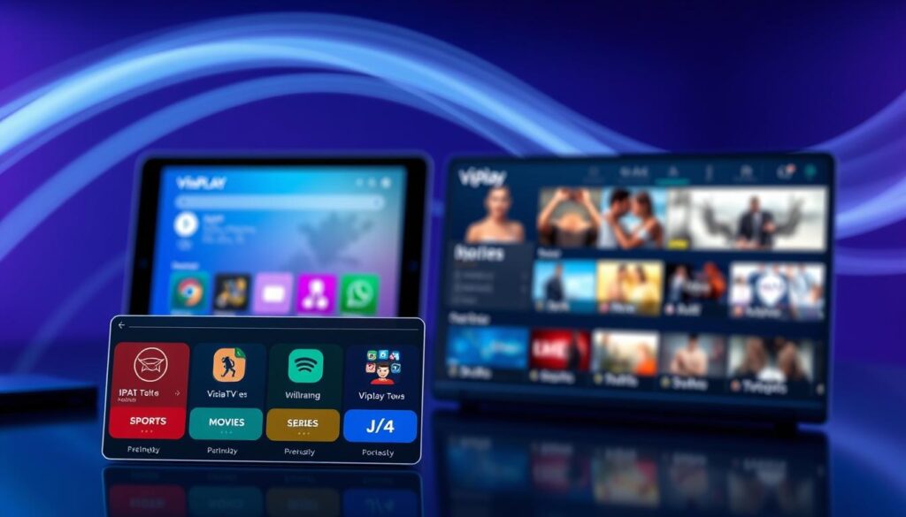 A sleek, modern digital illustration showcasing IPTV Viaplay subscription options. In the foreground, display a detailed breakdown of various IPTV packages with vibrant icons representing content categories (sports, movies, series). The middle ground features a stylish tablet showing the Viaplay interface with vivid thumbnails of popular shows. The background includes a subtle abstract design, reminiscent of digital streaming, with soft blue and purple tones conveying a tech-savvy atmosphere. Use soft, even lighting to enhance clarity, with a slightly blurred depth of field to focus on the subscription details. Aim for an inviting and informative mood, perfect for attracting viewers interested in IPTV services without any text overlays or distractions.