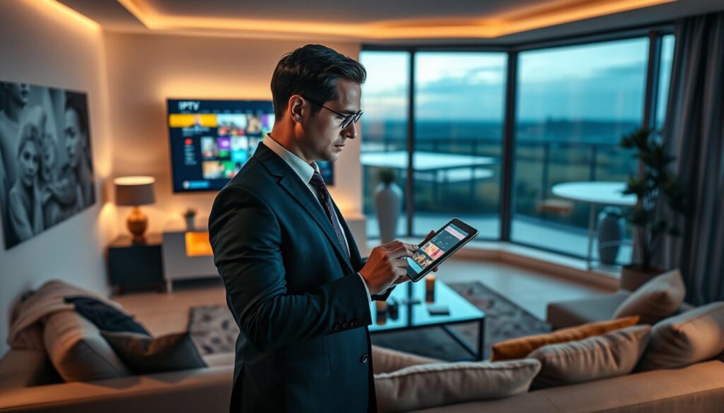 A sleek, modern living room designed with warm, inviting colors showcasing a large flat-screen TV displaying vibrant IPTV content. In the foreground, a professional-looking person in smart business attire is thoughtfully browsing IPTV options on a tablet, exuding confidence and engagement. The middle ground features plush furniture and stylish decor to enhance the comfort of the setting. In the background, the room is softly lit with ambient lighting, creating a cozy atmosphere, accentuated by large windows revealing a serene view of Dutch landscapes. Capture the essence of cutting-edge technology meeting homely comfort, highlighting IPTV as an ideal entertainment choice in the Netherlands.
