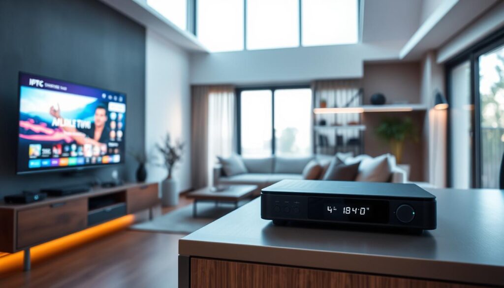 A sleek modern living room featuring a high-tech IPTV box prominently placed on a stylish media console. In the foreground, the IPTV box is connected to a large flat-screen TV displaying vibrant streaming content. The middle ground showcases a cozy seating area with a comfortable couch, surrounded by ambient lighting that creates a warm and inviting atmosphere. In the background, a subtle shelf displays various tech gadgets, emphasizing connectivity. The scene is illuminated by soft, diffused natural light coming from large windows, casting gentle shadows. Capture a contemporary, tech-savvy mood with a focus on efficiency and optimal internet use for IPTV streaming. The overall composition should feel organized and visually engaging, showcasing the essential elements for a seamless IPTV experience.