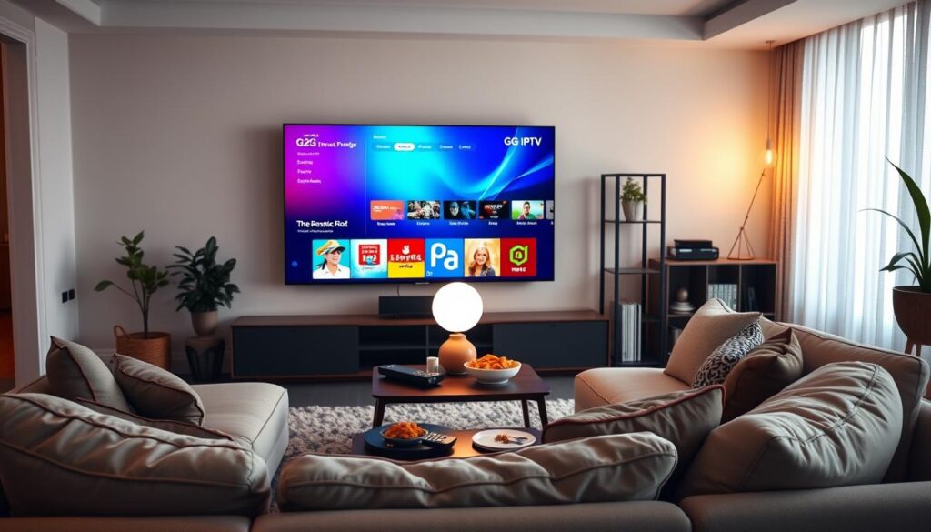 A sleek, modern living room setting featuring a large smart TV displaying a vibrant interface of the g2g IPTV streaming service. In the foreground, a comfortable sofa with a stylish design, adorned with plush cushions. A small coffee table holds a remote control and snacks, inviting relaxation. In the middle ground, there's a soft glowing lamp providing warm lighting, enhancing a cozy atmosphere. The TV screen should prominently show a colorful array of channels or a live streaming selection, subtly indicating the service's quality. In the background, elegant decor with plants and a bookshelf can be seen, adding to the sophistication of the space. The scene should convey feelings of reliability and enjoyment, with a calm and inviting ambiance.
