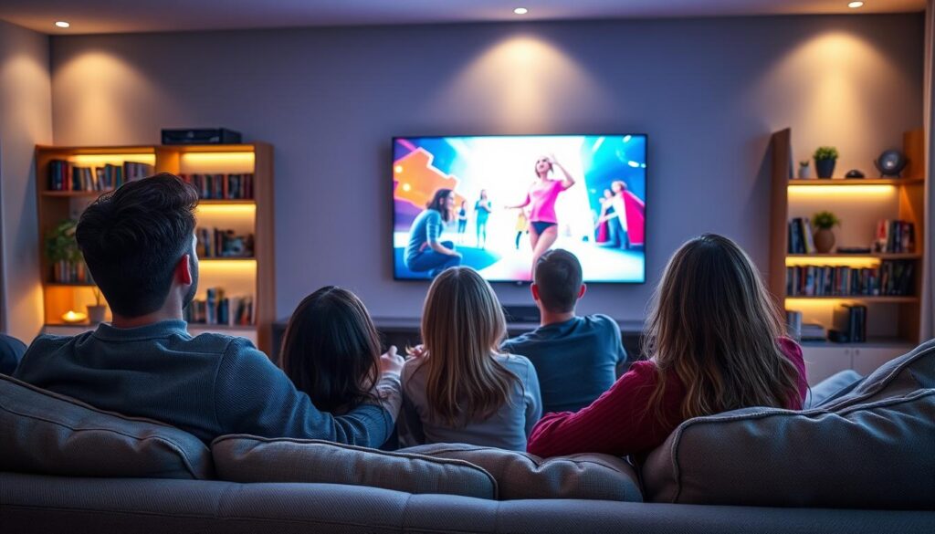 A sleek modern living room setting showcasing a family enjoying high-definition streaming on a large flat-screen TV, displaying vibrant content from Zappflix IPTV. In the foreground, a cozy couch with cushions, with family members dressed in casual, comfortable clothing, engaged in watching a movie or a show. In the middle, the TV screen is bright and clear, with a colorful scene highlighting the quality of the streaming service. The background features soft, ambient lighting and a stylish bookshelf filled with DVDs and books, creating a warm, inviting atmosphere. The room has a contemporary design with neutral colors and accents that blend seamlessly. The angle should capture a slight perspective from the side to emphasize the device displaying the high-quality visuals while maintaining the coziness of the space.